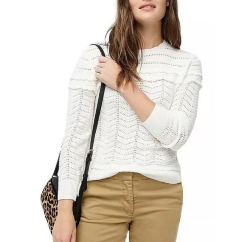 J Crew Womens Crew Neck Scalloped Pointelle Sweater Sz S Ivory Wool Blend